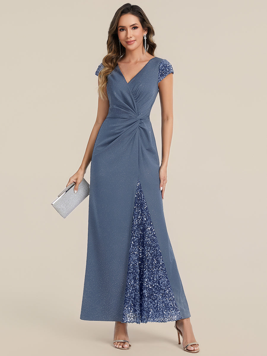 Bodenlanger V-Ausschnitt Bodycon Strickkleid Mit Geknotetem Pailletten Patchwork Glitzer Details Kleid #Farbe_Taubenblau
