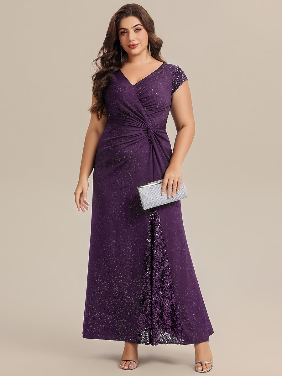 Bodenlanger V-Ausschnitt Bodycon Strickkleid Mit Geknotetem Pailletten Patchwork Glitzer Details Kleid #Farbe_Dunkelviolett