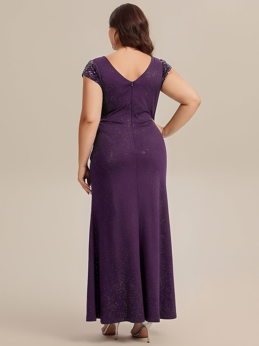 Bodenlanger V-Ausschnitt Bodycon Strickkleid Mit Geknotetem Pailletten Patchwork Glitzer Details Kleid #Farbe_Dunkelviolett