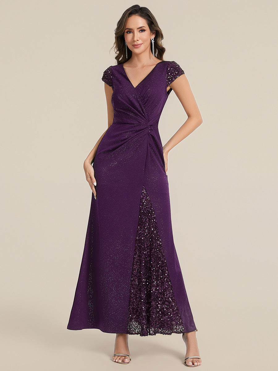 Bodenlanger V-Ausschnitt Bodycon Strickkleid Mit Geknotetem Pailletten Patchwork Glitzer Details Kleid #Farbe_Dunkelviolett