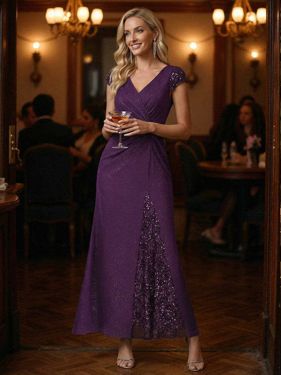 Bodenlanger V-Ausschnitt Bodycon Strickkleid Mit Geknotetem Pailletten Patchwork Glitzer Details Kleid #Farbe_Dunkelviolett