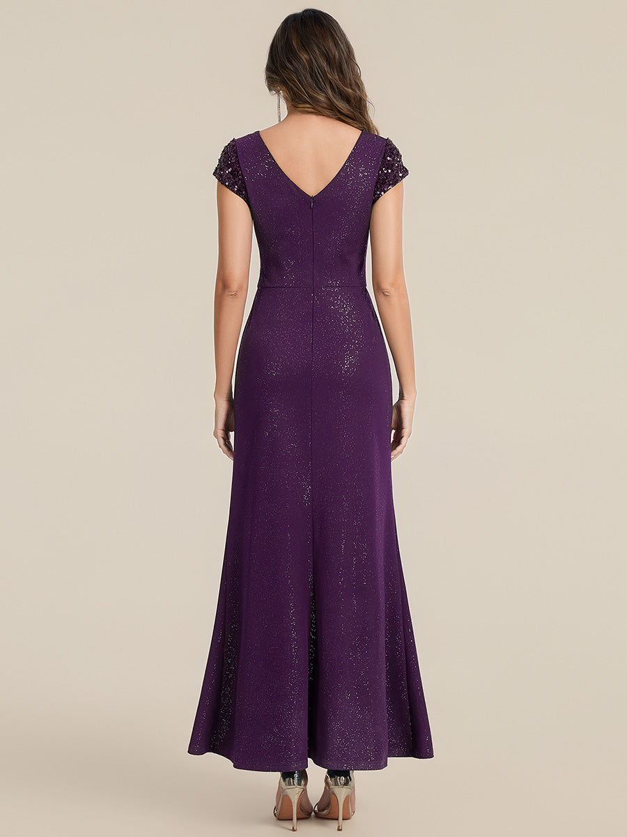 Bodenlanger V-Ausschnitt Bodycon Strickkleid Mit Geknotetem Pailletten Patchwork Glitzer Details Kleid #Farbe_Dunkelviolett