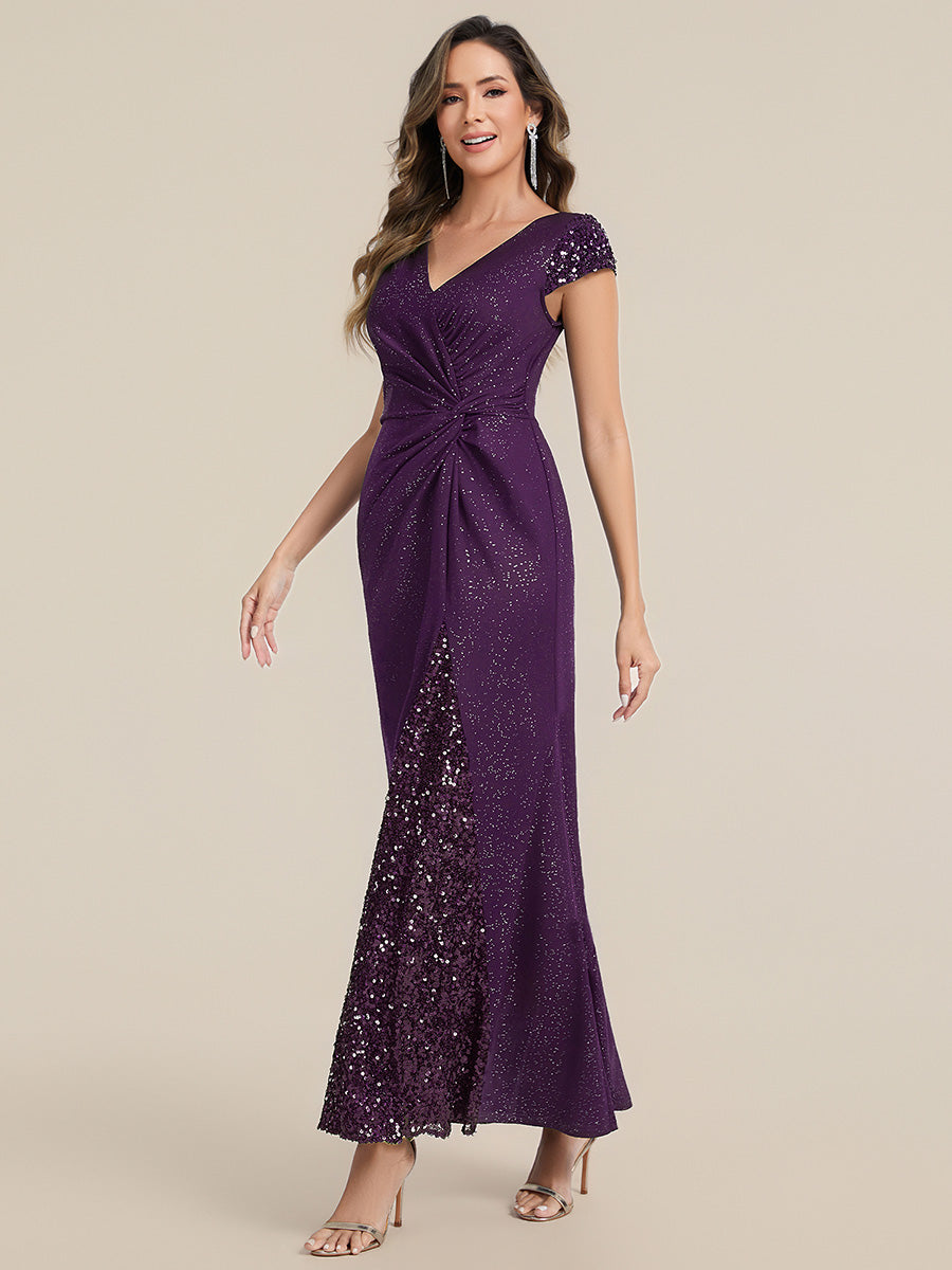 Bodenlanger V-Ausschnitt Bodycon Strickkleid Mit Geknotetem Pailletten Patchwork Glitzer Details Kleid #Farbe_Dunkelviolett