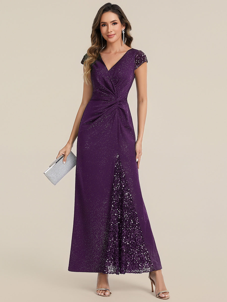 Bodenlanger V-Ausschnitt Bodycon Strickkleid Mit Geknotetem Pailletten Patchwork Glitzer Details Kleid #Farbe_Dunkelviolett