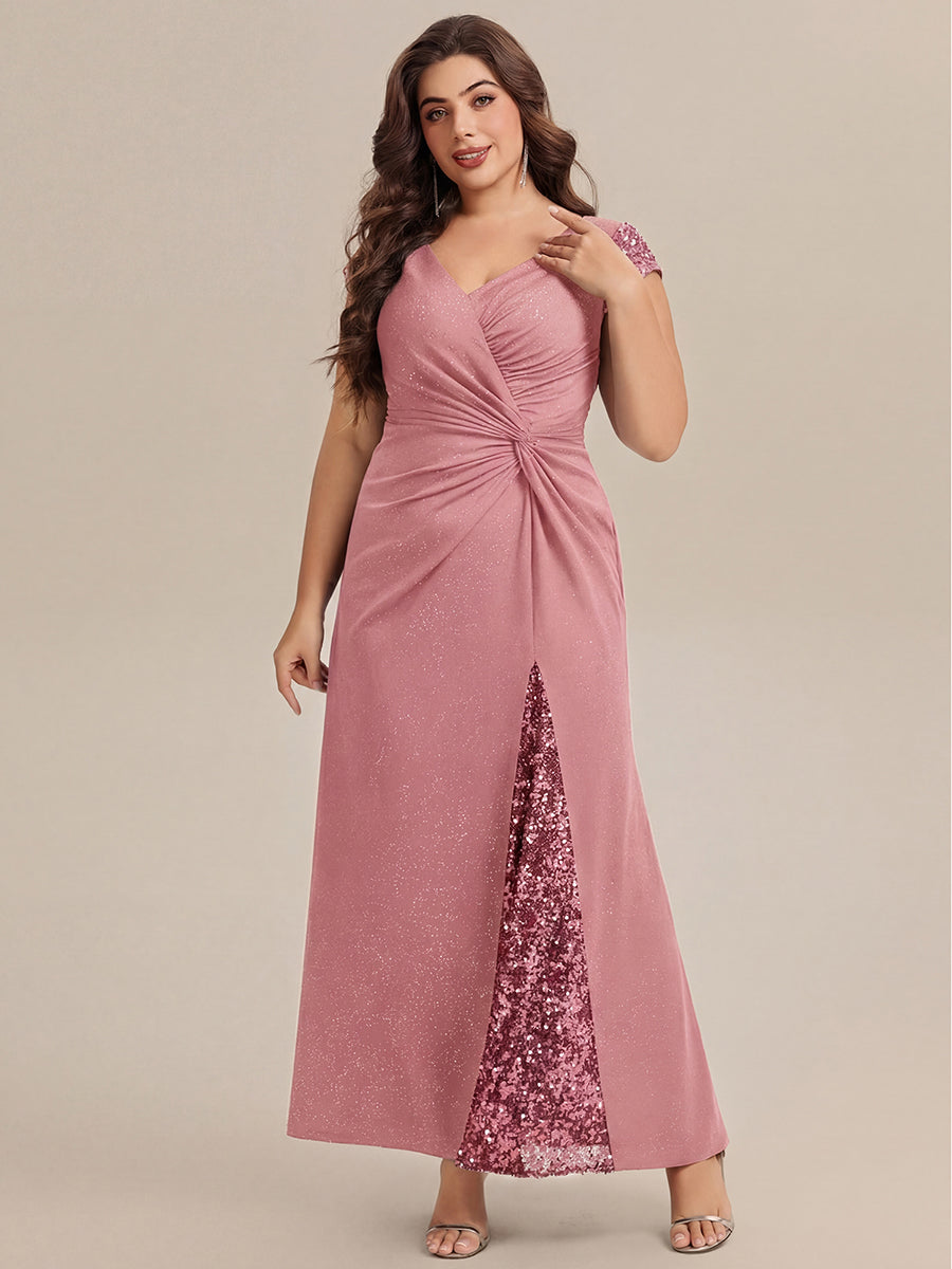 Bodenlanger V-Ausschnitt Bodycon Strickkleid Mit Geknotetem Pailletten Patchwork Glitzer Details Kleid #Farbe_Altrosa