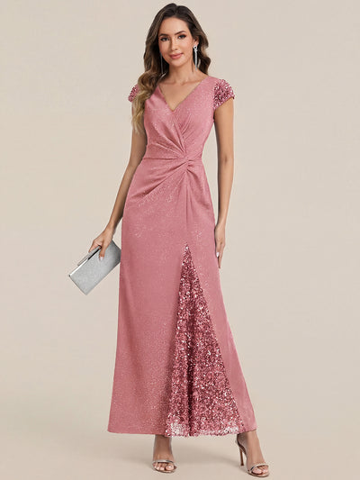 Bodenlanger V-Ausschnitt Bodycon Strickkleid Mit Geknotetem Pailletten Patchwork Glitzer Details Kleid #Farbe_Altrosa