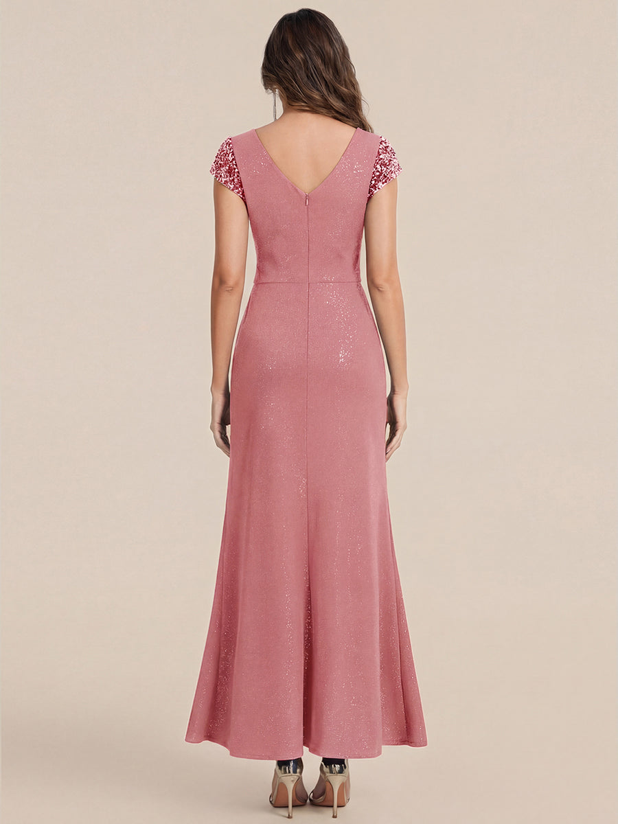 Bodenlanger V-Ausschnitt Bodycon Strickkleid Mit Geknotetem Pailletten Patchwork Glitzer Details Kleid #Farbe_Altrosa