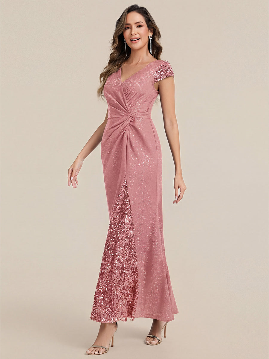 Bodenlanger V-Ausschnitt Bodycon Strickkleid Mit Geknotetem Pailletten Patchwork Glitzer Details Kleid #Farbe_Altrosa