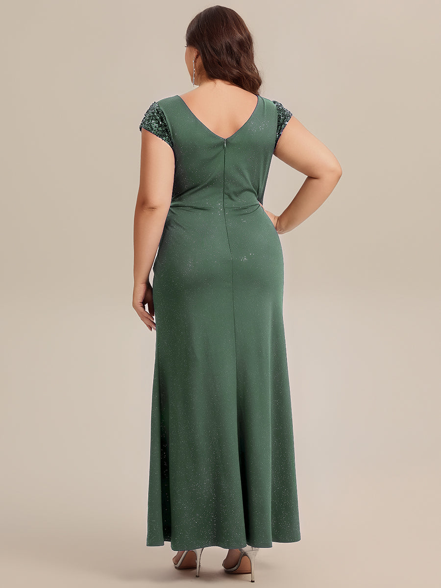 Bodenlanger V-Ausschnitt Bodycon Strickkleid Mit Geknotetem Pailletten Patchwork Glitzer Details Kleid #Farbe_Eukalyptus