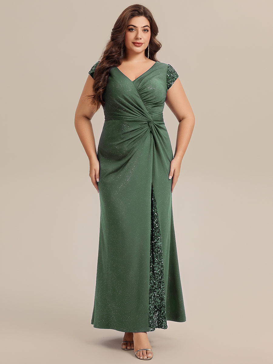 Bodenlanger V-Ausschnitt Bodycon Strickkleid Mit Geknotetem Pailletten Patchwork Glitzer Details Kleid #Farbe_Eukalyptus