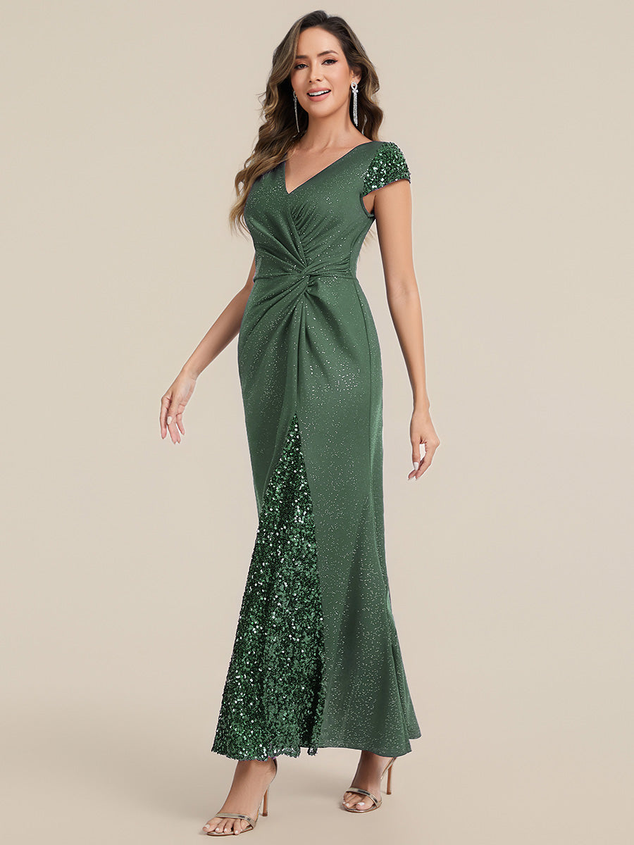 Bodenlanger V-Ausschnitt Bodycon Strickkleid Mit Geknotetem Pailletten Patchwork Glitzer Details Kleid #Farbe_Eukalyptus