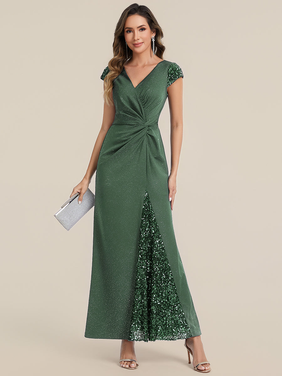 Bodenlanger V-Ausschnitt Bodycon Strickkleid Mit Geknotetem Pailletten Patchwork Glitzer Details Kleid #Farbe_Eukalyptus