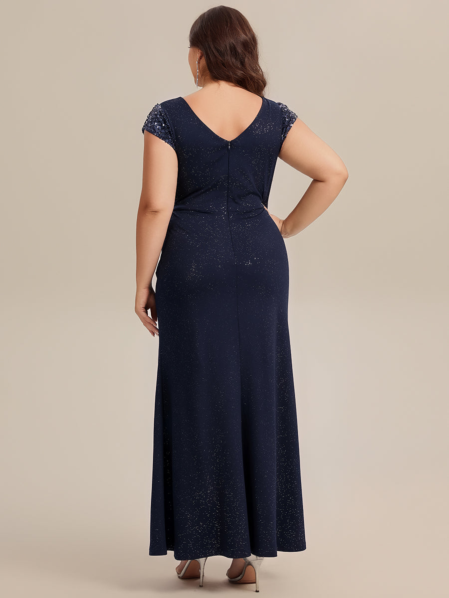 Bodenlanger V-Ausschnitt Bodycon Strickkleid Mit Geknotetem Pailletten Patchwork Glitzer Details Kleid #Farbe_Marineblau