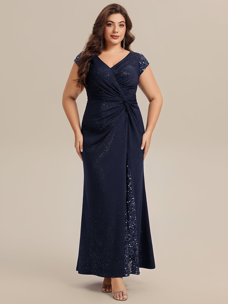 Bodenlanger V-Ausschnitt Bodycon Strickkleid Mit Geknotetem Pailletten Patchwork Glitzer Details Kleid #Farbe_Marineblau