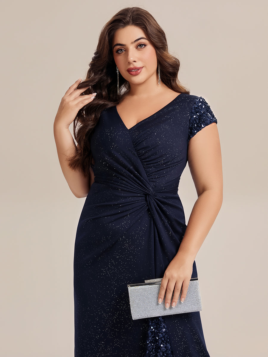 Bodenlanger V-Ausschnitt Bodycon Strickkleid Mit Geknotetem Pailletten Patchwork Glitzer Details Kleid #Farbe_Marineblau