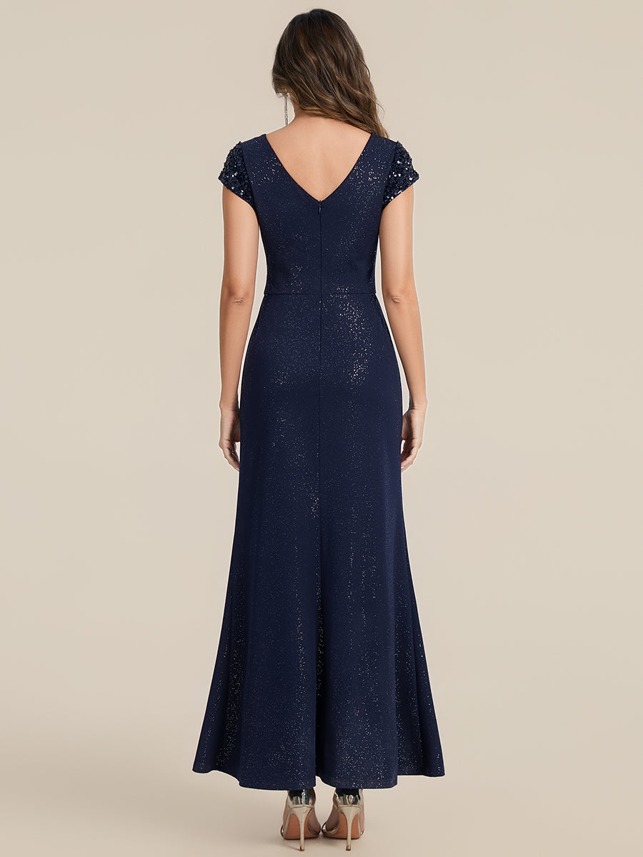 Bodenlanger V-Ausschnitt Bodycon Strickkleid Mit Geknotetem Pailletten Patchwork Glitzer Details Kleid #Farbe_Marineblau