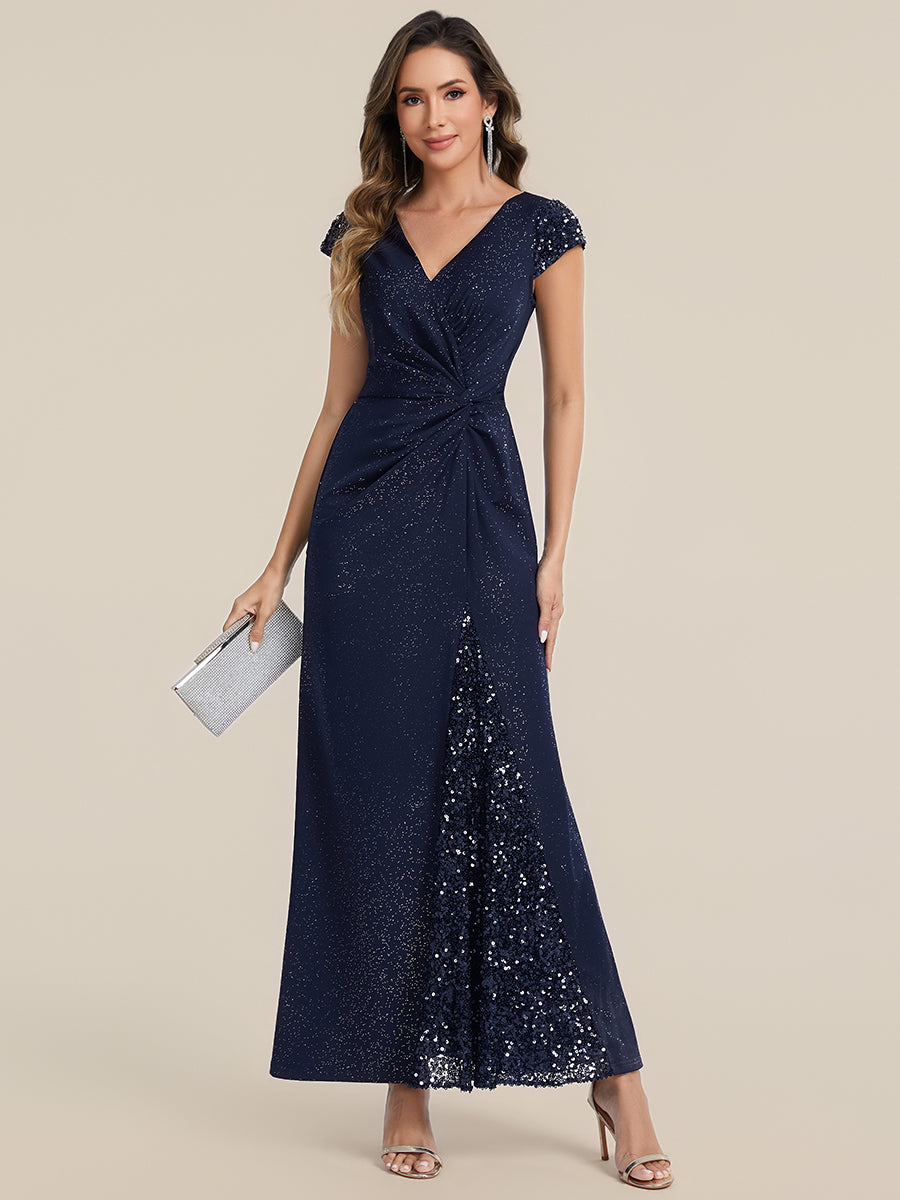 Bodenlanger V-Ausschnitt Bodycon Strickkleid Mit Geknotetem Pailletten Patchwork Glitzer Details Kleid #Farbe_Marineblau