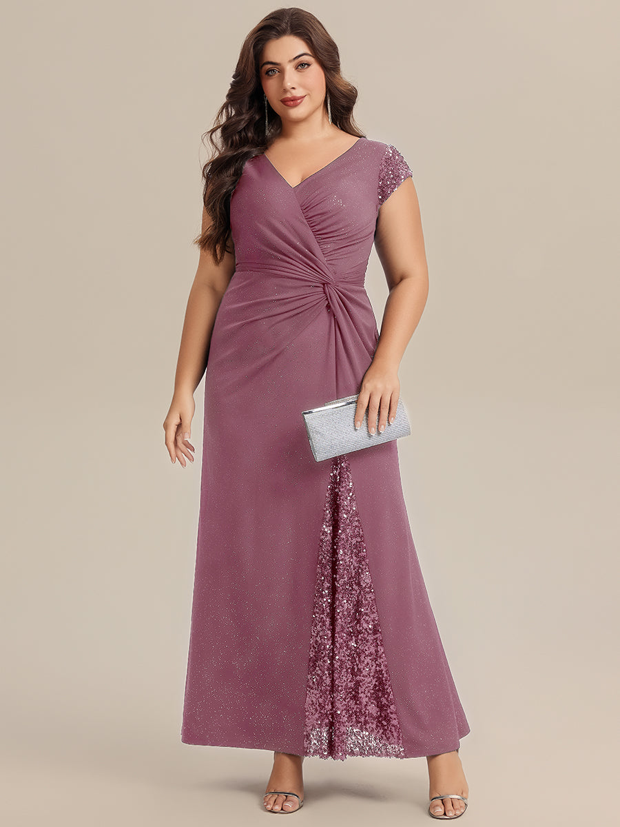 Bodenlanger V-Ausschnitt Bodycon Strickkleid Mit Geknotetem Pailletten Patchwork Glitzer Details Kleid #Farbe_Orchideenviolett