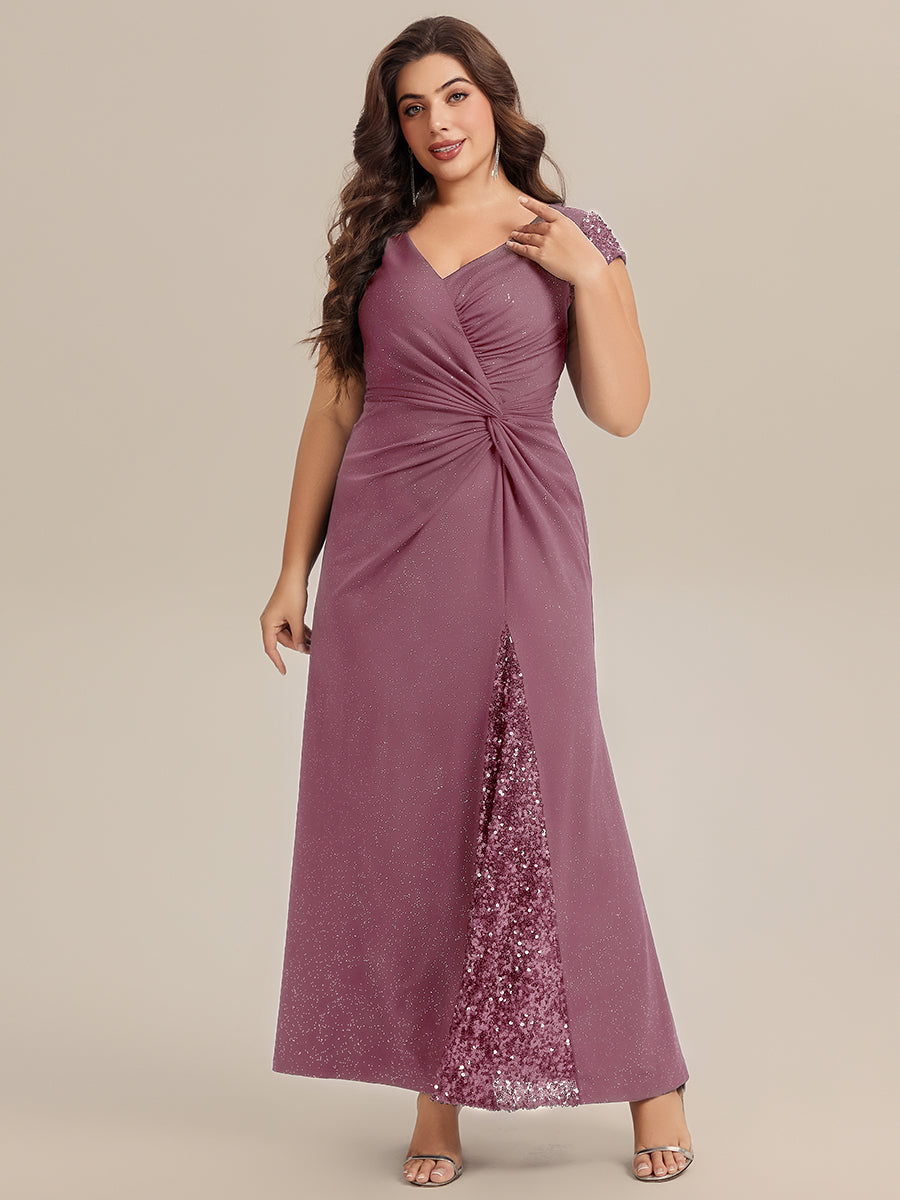Bodenlanger V-Ausschnitt Bodycon Strickkleid Mit Geknotetem Pailletten Patchwork Glitzer Details Kleid #Farbe_Orchideenviolett