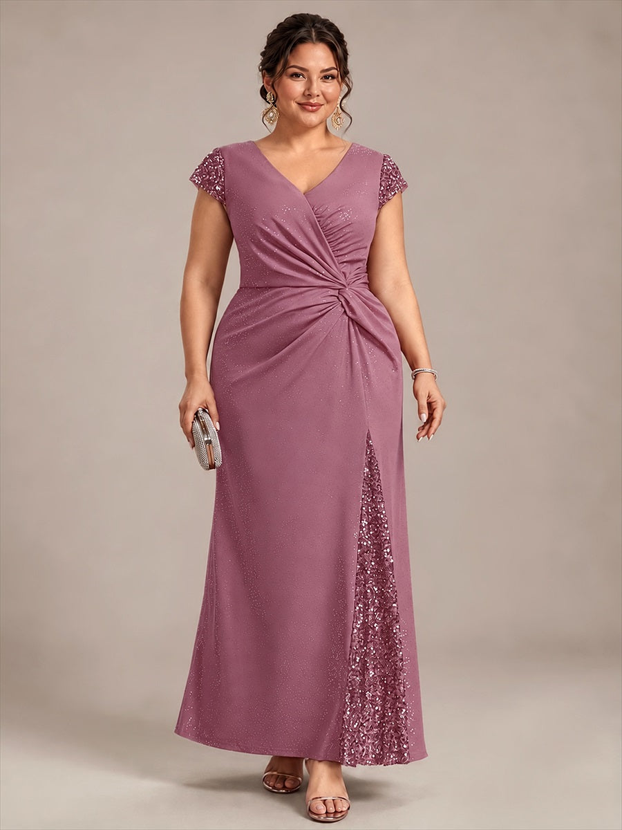 Bodenlanger V-Ausschnitt Bodycon Strickkleid Mit Geknotetem Pailletten Patchwork Glitzer Details Kleid #Farbe_Orchideenviolett