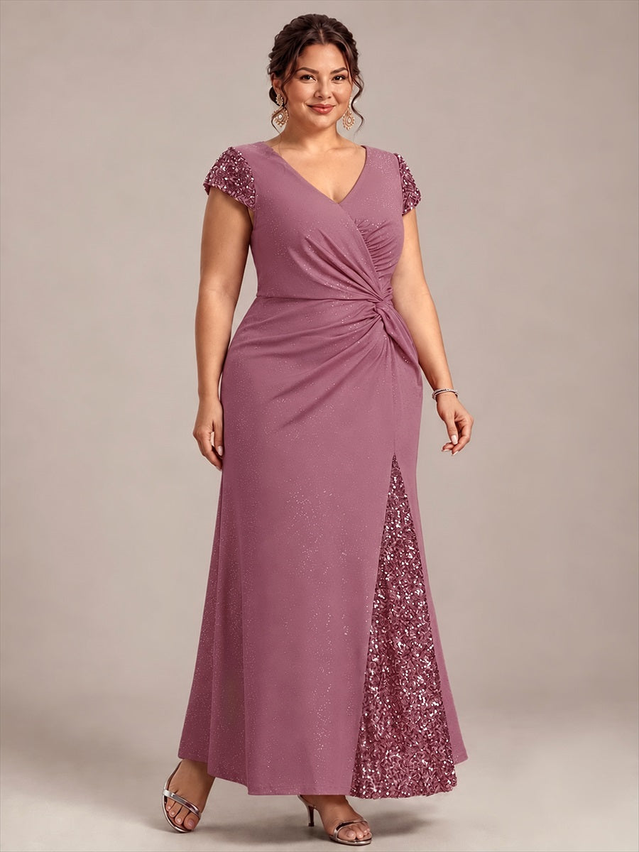 Bodenlanger V-Ausschnitt Bodycon Strickkleid Mit Geknotetem Pailletten Patchwork Glitzer Details Kleid #Farbe_Orchideenviolett
