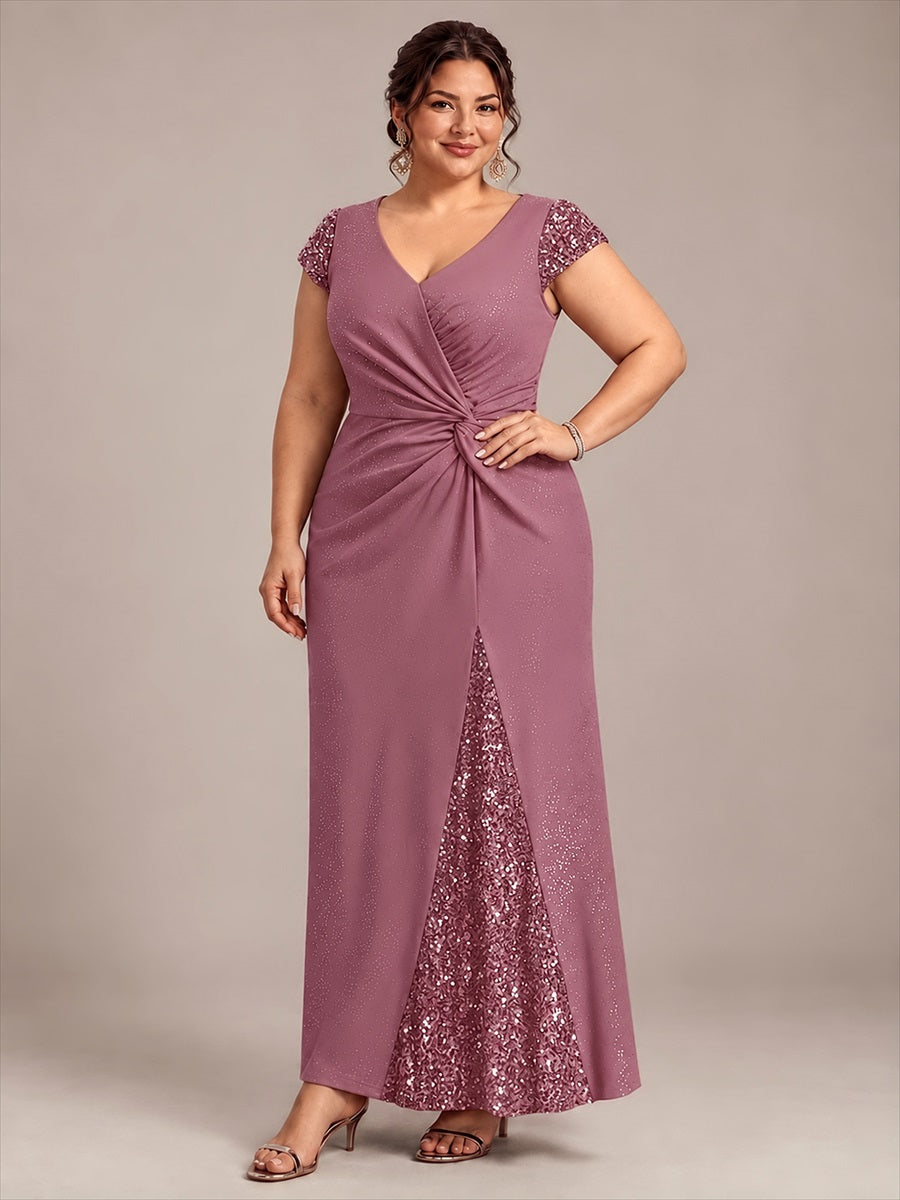 Bodenlanger V-Ausschnitt Bodycon Strickkleid Mit Geknotetem Pailletten Patchwork Glitzer Details Kleid #Farbe_Orchideenviolett