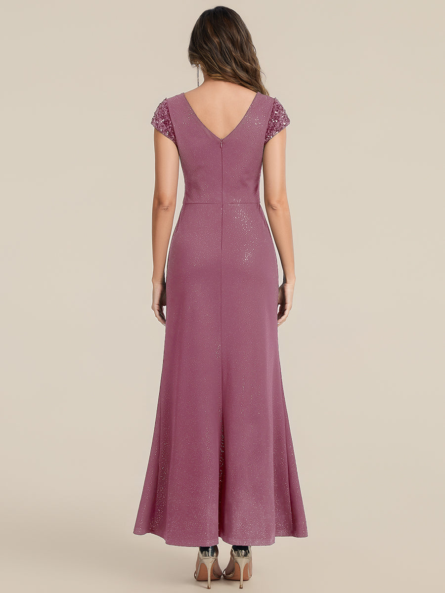 Bodenlanger V-Ausschnitt Bodycon Strickkleid Mit Geknotetem Pailletten Patchwork Glitzer Details Kleid #Farbe_Orchideenviolett