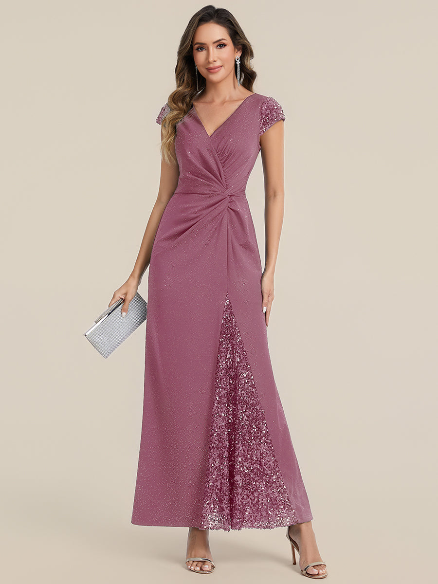 Bodenlanger V-Ausschnitt Bodycon Strickkleid Mit Geknotetem Pailletten Patchwork Glitzer Details Kleid #Farbe_Orchideenviolett