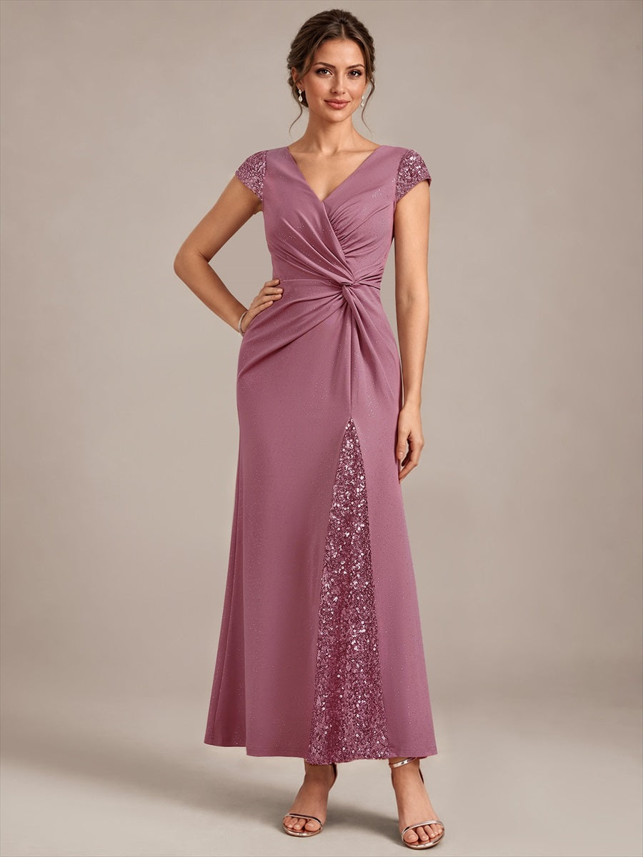 Bodenlanger V-Ausschnitt Bodycon Strickkleid Mit Geknotetem Pailletten Patchwork Glitzer Details Kleid #Farbe_Orchideenviolett