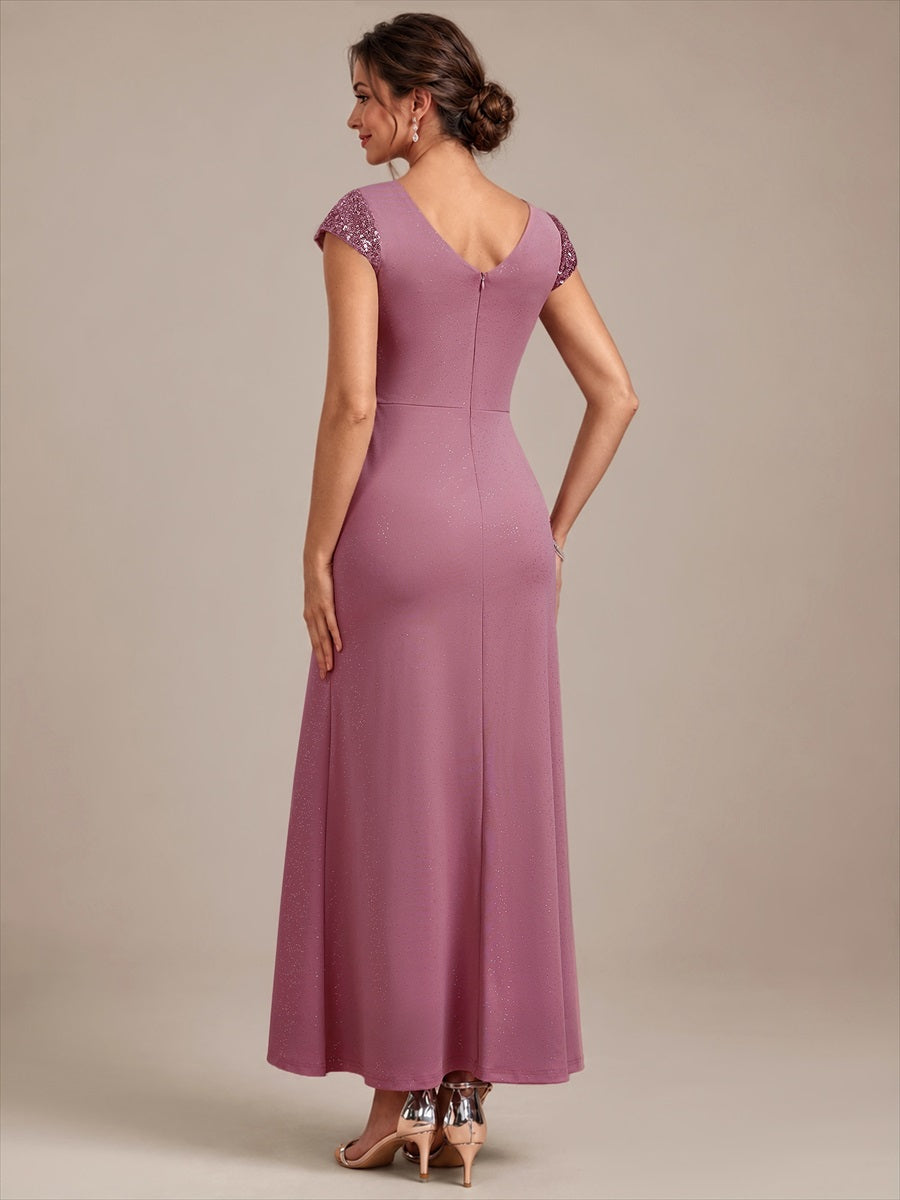 Bodenlanger V-Ausschnitt Bodycon Strickkleid Mit Geknotetem Pailletten Patchwork Glitzer Details Kleid #Farbe_Orchideenviolett