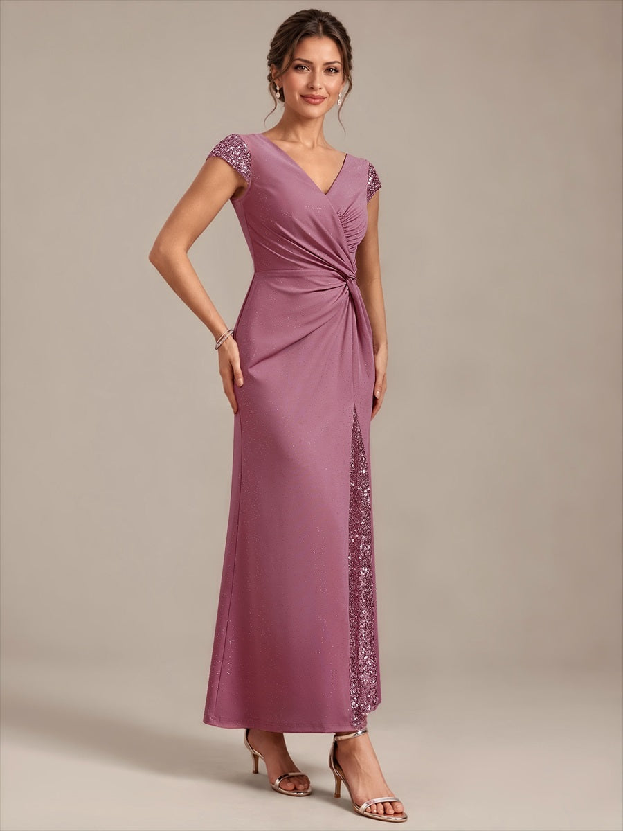 Bodenlanger V-Ausschnitt Bodycon Strickkleid Mit Geknotetem Pailletten Patchwork Glitzer Details Kleid #Farbe_Orchideenviolett