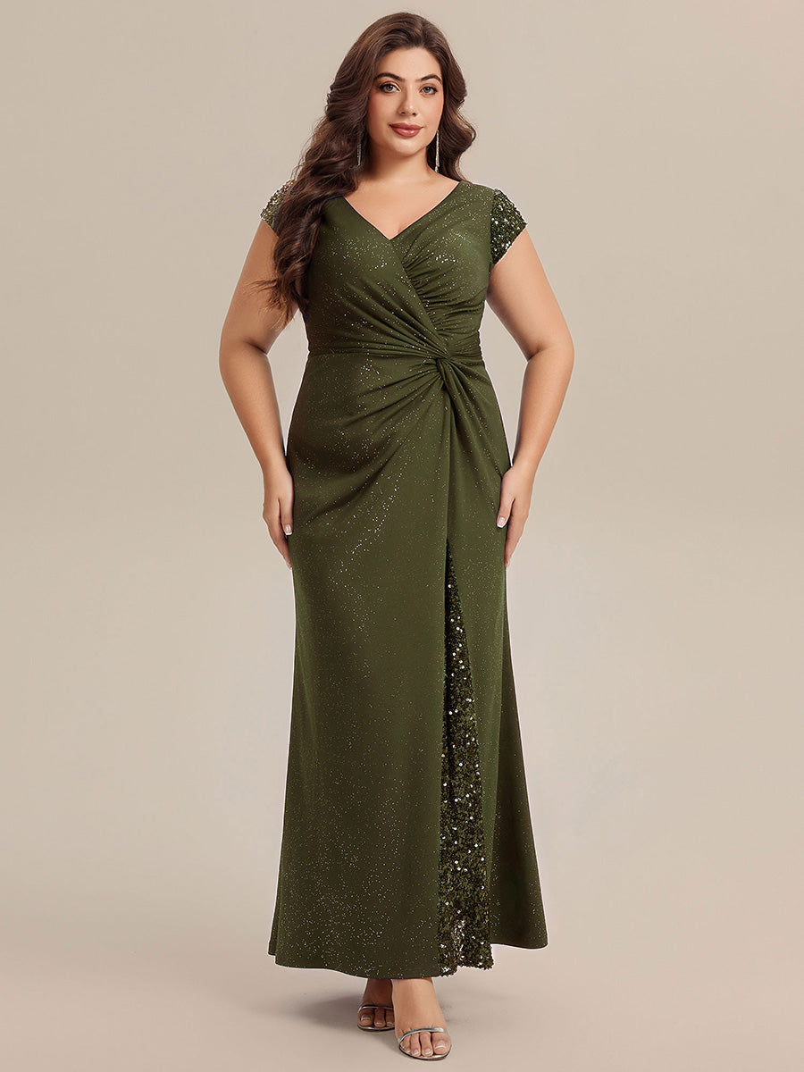 Bodenlanger V-Ausschnitt Bodycon Strickkleid Mit Geknotetem Pailletten Patchwork Glitzer Details Kleid #Farbe_Olivgrün