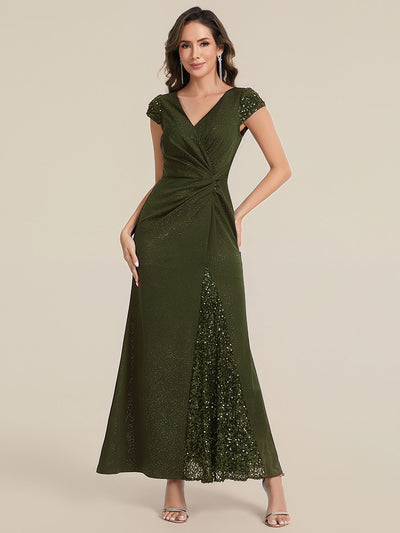 Bodenlanger V-Ausschnitt Bodycon Strickkleid Mit Geknotetem Pailletten Patchwork Glitzer Details Kleid #Farbe_Olivgrün