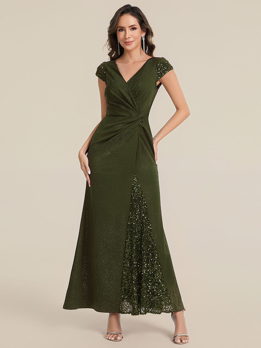 Bodenlanger V-Ausschnitt Bodycon Strickkleid Mit Geknotetem Pailletten Patchwork Glitzer Details Kleid #Farbe_Olivgrün