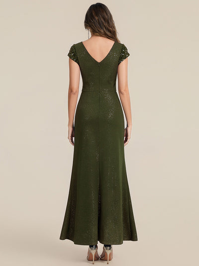 Bodenlanger V-Ausschnitt Bodycon Strickkleid Mit Geknotetem Pailletten Patchwork Glitzer Details Kleid #Farbe_Olivgrün