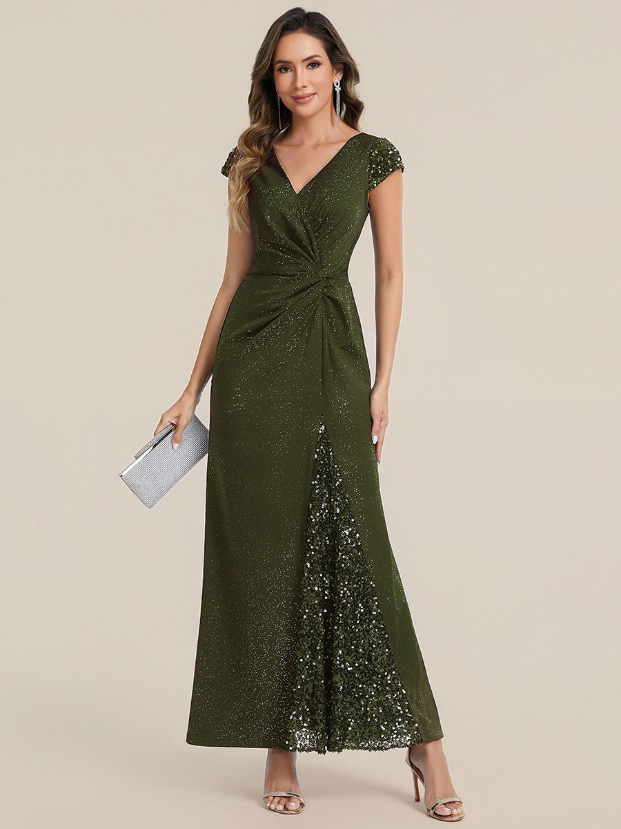Bodenlanger V-Ausschnitt Bodycon Strickkleid Mit Geknotetem Pailletten Patchwork Glitzer Details Kleid #Farbe_Olivgrün