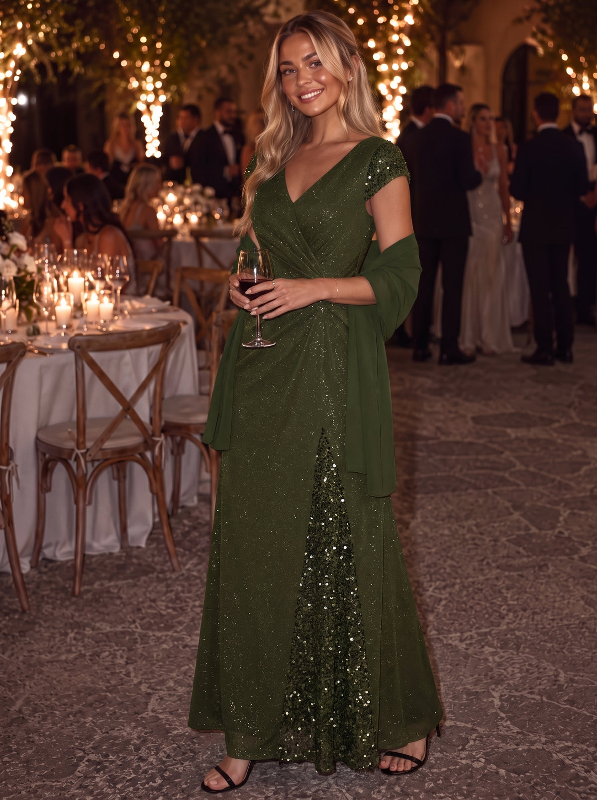 Bodenlanger V-Ausschnitt Bodycon Strickkleid Mit Geknotetem Pailletten Patchwork Glitzer Details Kleid #Farbe_Olivgrün