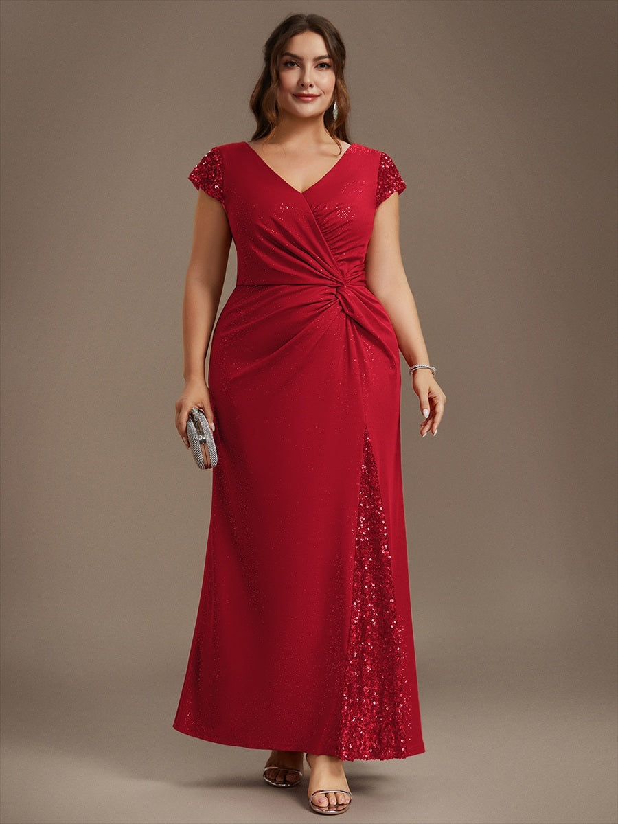 Bodenlanger V-Ausschnitt Bodycon Strickkleid Mit Geknotetem Pailletten Patchwork Glitzer Details Kleid #Farbe_Rot