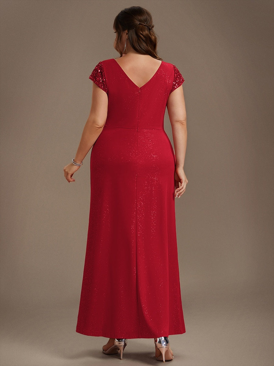 Bodenlanger V-Ausschnitt Bodycon Strickkleid Mit Geknotetem Pailletten Patchwork Glitzer Details Kleid #Farbe_Rot
