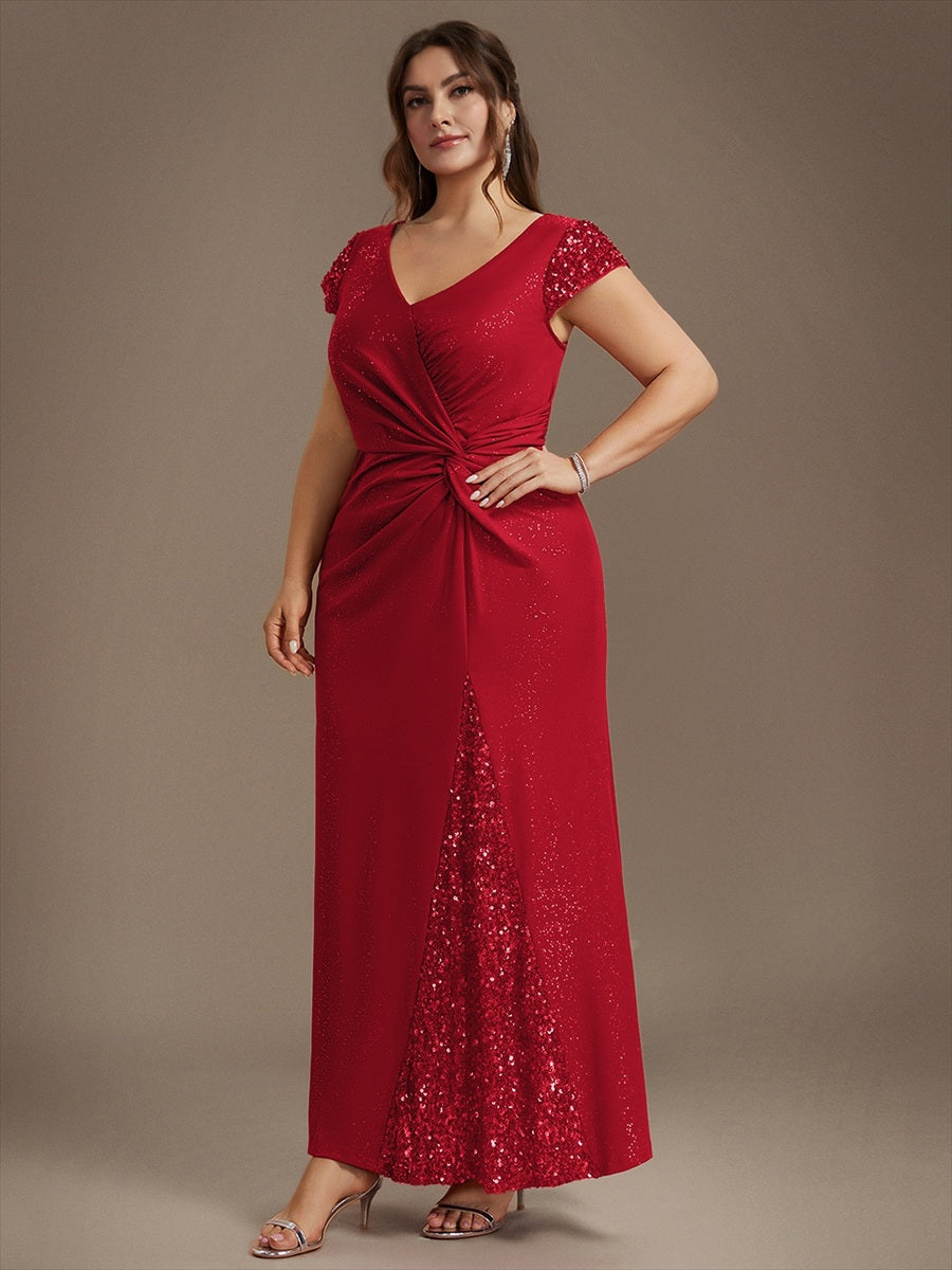 Bodenlanger V-Ausschnitt Bodycon Strickkleid Mit Geknotetem Pailletten Patchwork Glitzer Details Kleid #Farbe_Rot