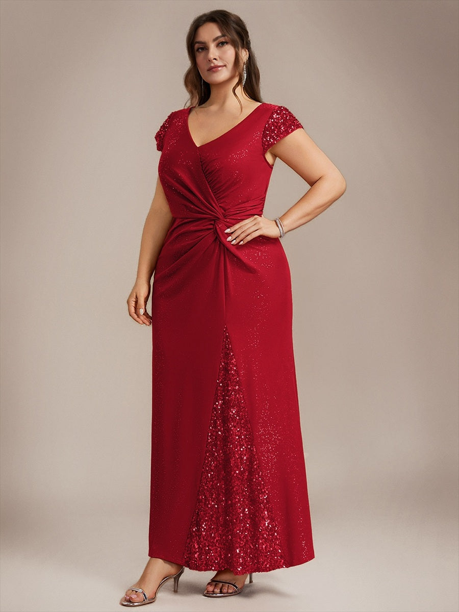 Bodenlanger V-Ausschnitt Bodycon Strickkleid Mit Geknotetem Pailletten Patchwork Glitzer Details Kleid #Farbe_Rot