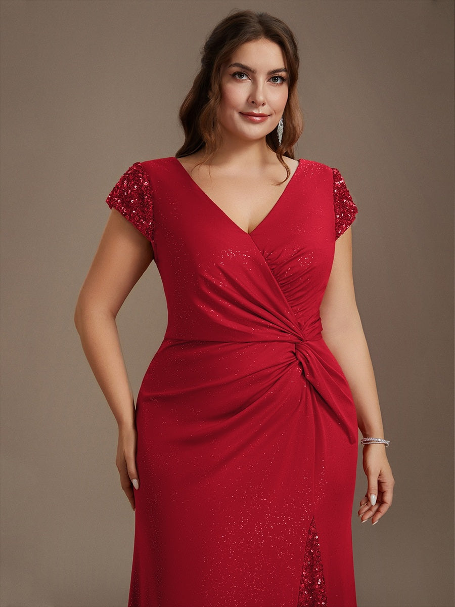 Bodenlanger V-Ausschnitt Bodycon Strickkleid Mit Geknotetem Pailletten Patchwork Glitzer Details Kleid #Farbe_Rot