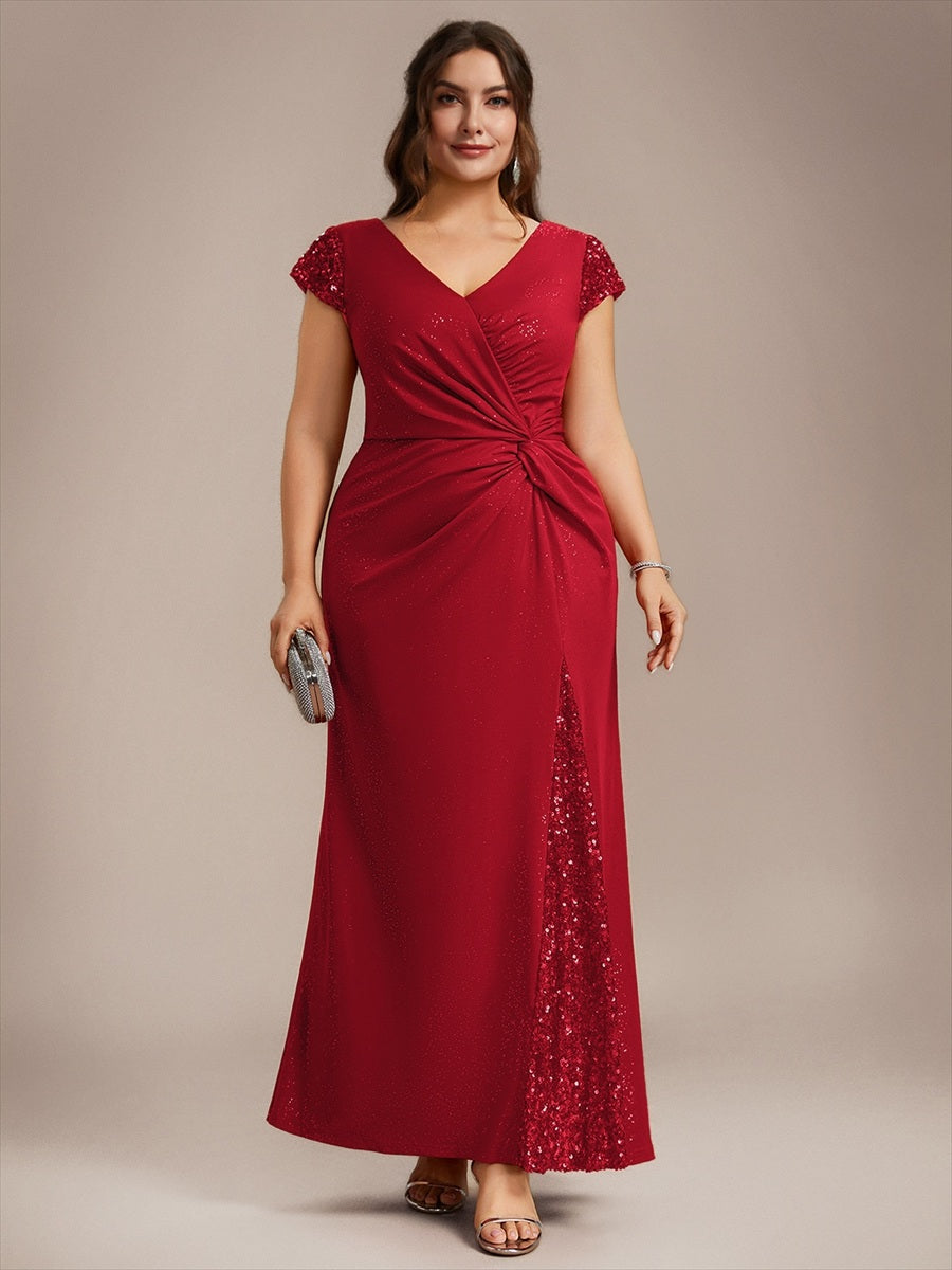 Bodenlanger V-Ausschnitt Bodycon Strickkleid Mit Geknotetem Pailletten Patchwork Glitzer Details Kleid #Farbe_Rot