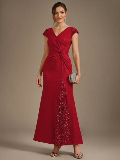 Bodenlanger V-Ausschnitt Bodycon Strickkleid Mit Geknotetem Pailletten Patchwork Glitzer Details Kleid #Farbe_Rot