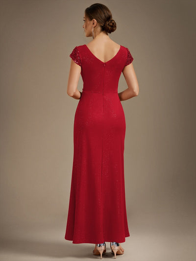 Bodenlanger V-Ausschnitt Bodycon Strickkleid Mit Geknotetem Pailletten Patchwork Glitzer Details Kleid #Farbe_Rot
