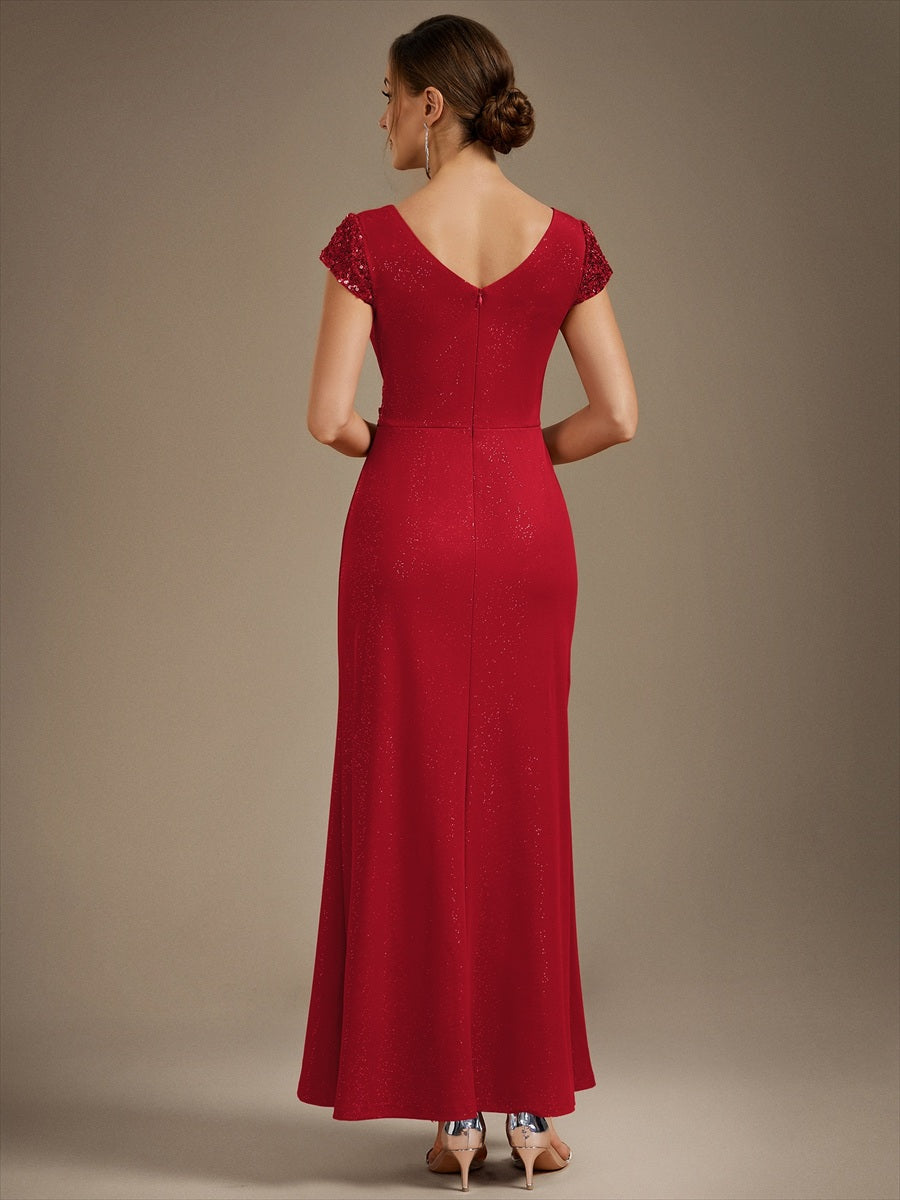 Bodenlanger V-Ausschnitt Bodycon Strickkleid Mit Geknotetem Pailletten Patchwork Glitzer Details Kleid #Farbe_Rot