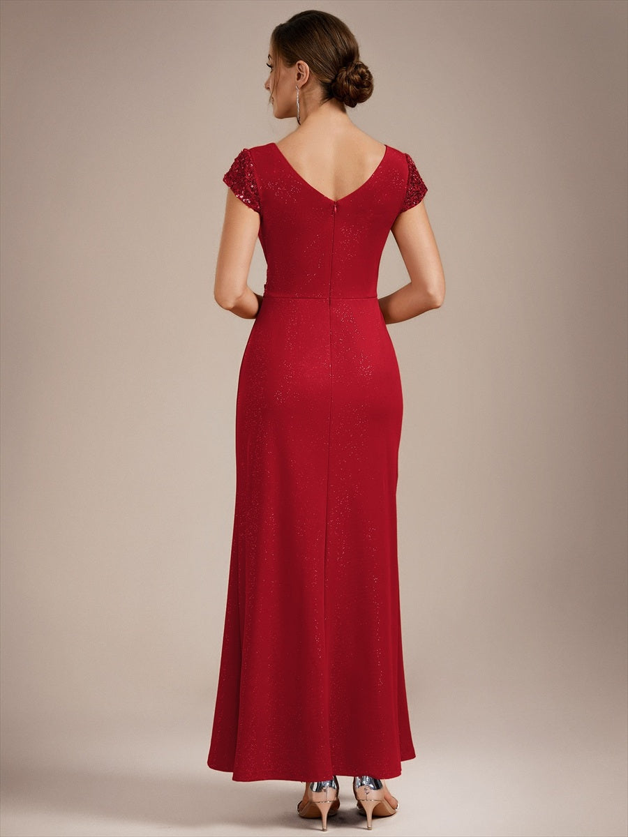 Bodenlanger V-Ausschnitt Bodycon Strickkleid Mit Geknotetem Pailletten Patchwork Glitzer Details Kleid #Farbe_Rot