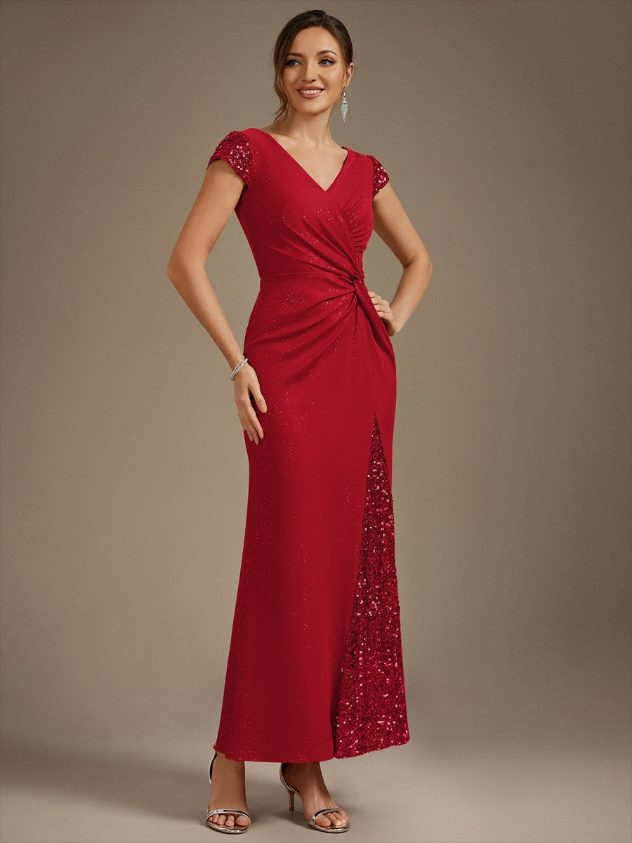 Bodenlanger V-Ausschnitt Bodycon Strickkleid Mit Geknotetem Pailletten Patchwork Glitzer Details Kleid #Farbe_Rot