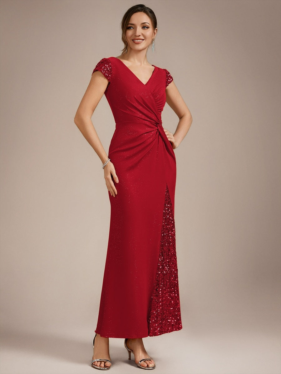 Bodenlanger V-Ausschnitt Bodycon Strickkleid Mit Geknotetem Pailletten Patchwork Glitzer Details Kleid #Farbe_Rot
