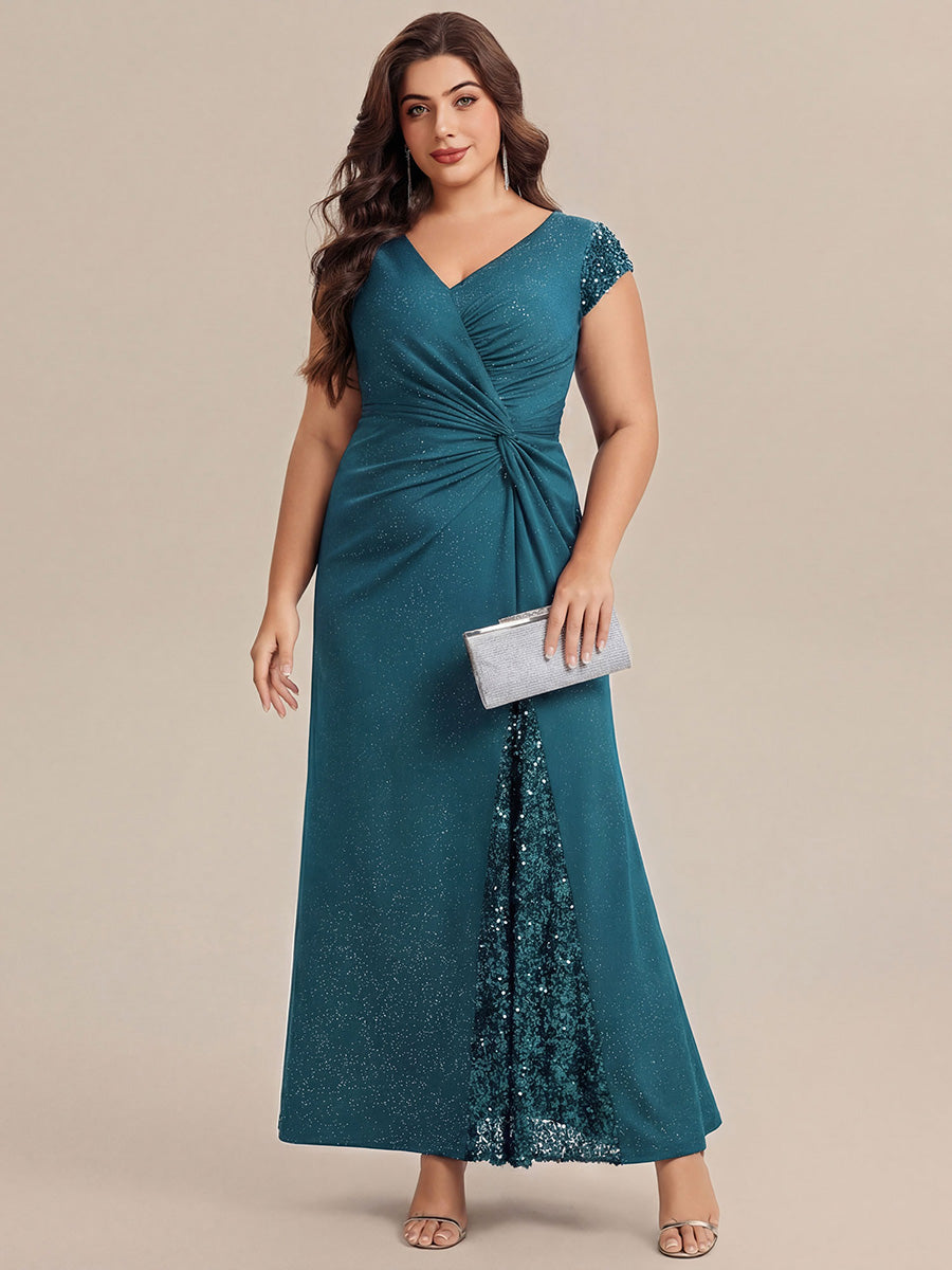 Bodenlanger V-Ausschnitt Bodycon Strickkleid Mit Geknotetem Pailletten Patchwork Glitzer Details Kleid #Farbe_Petrol
